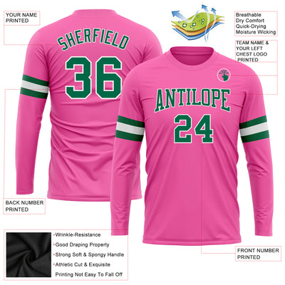 Custom Pink Kelly Green-White Long Sleeve Performance T-Shirt