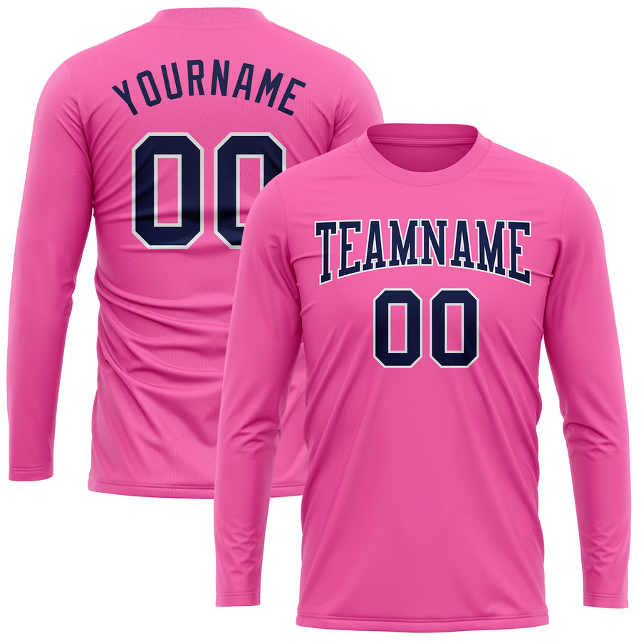 Custom Pink Navy-White Long Sleeve Performance T-Shirt