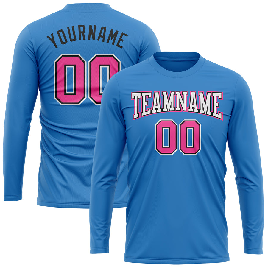 Custom Powder Blue Pink Black-White Long Sleeve Performance T-Shirt