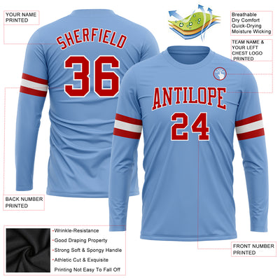 Custom Light Blue Red-White Long Sleeve Performance T-Shirt