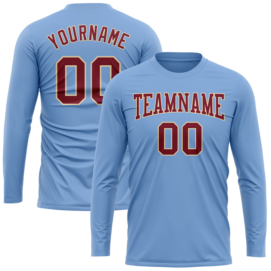 Custom Light Blue Crimson-Cream Long Sleeve Performance T-Shirt