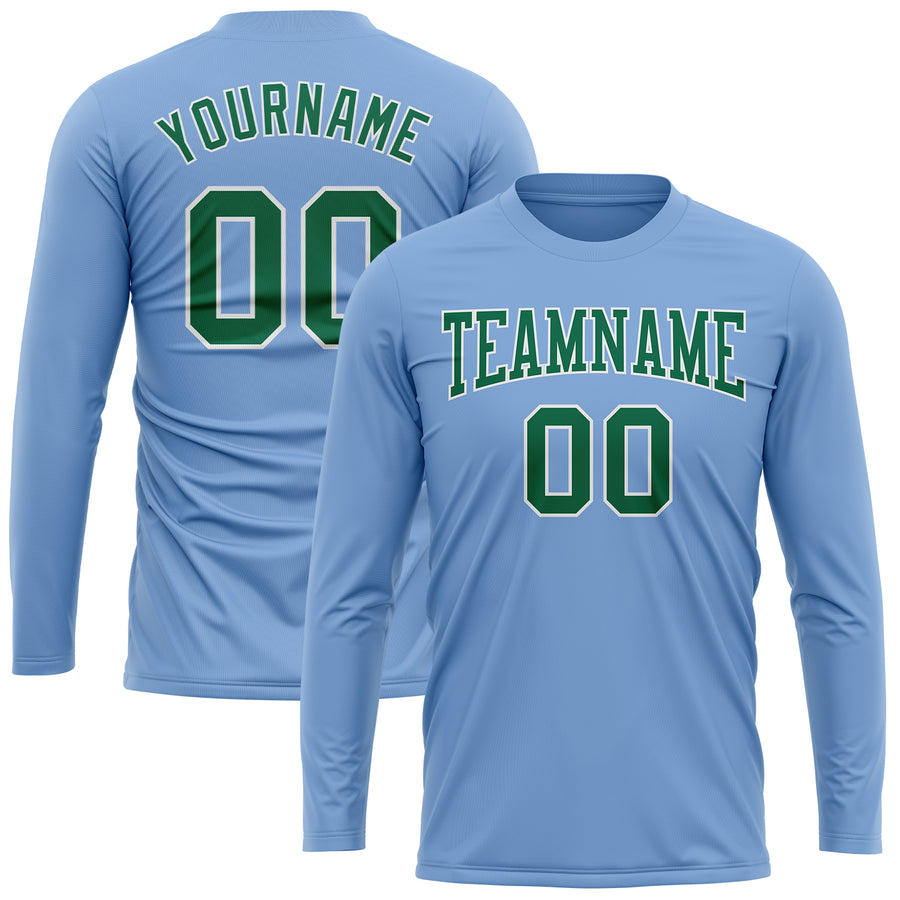 Custom Light Blue Kelly Green-White Long Sleeve Performance T-Shirt