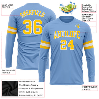 Custom Light Blue Gold-White Long Sleeve Performance T-Shirt