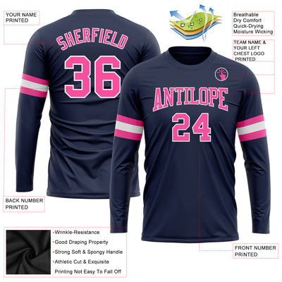 Custom Navy Pink-White Long Sleeve Performance Salute To Service T-Shirt