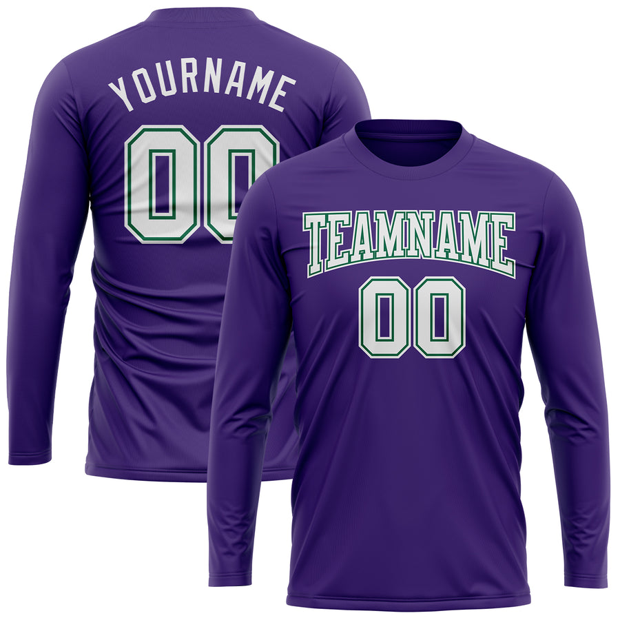 Custom Purple White-Kelly Green Long Sleeve Performance T-Shirt