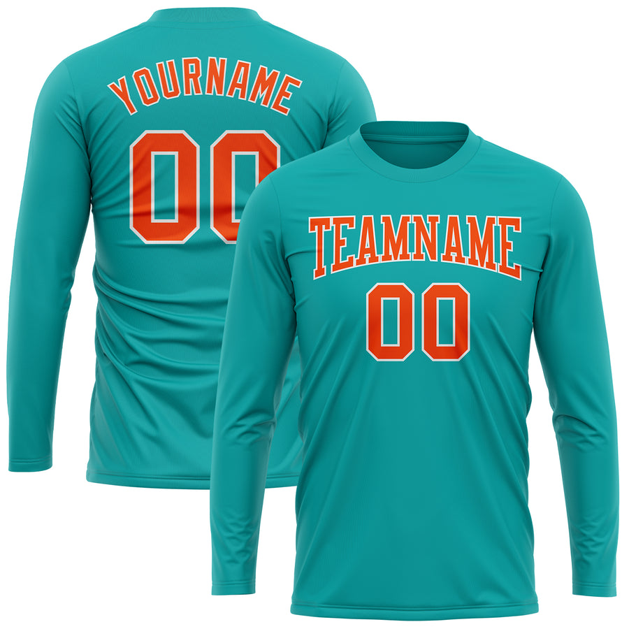 Custom Aqua Orange-White Long Sleeve Performance T-Shirt