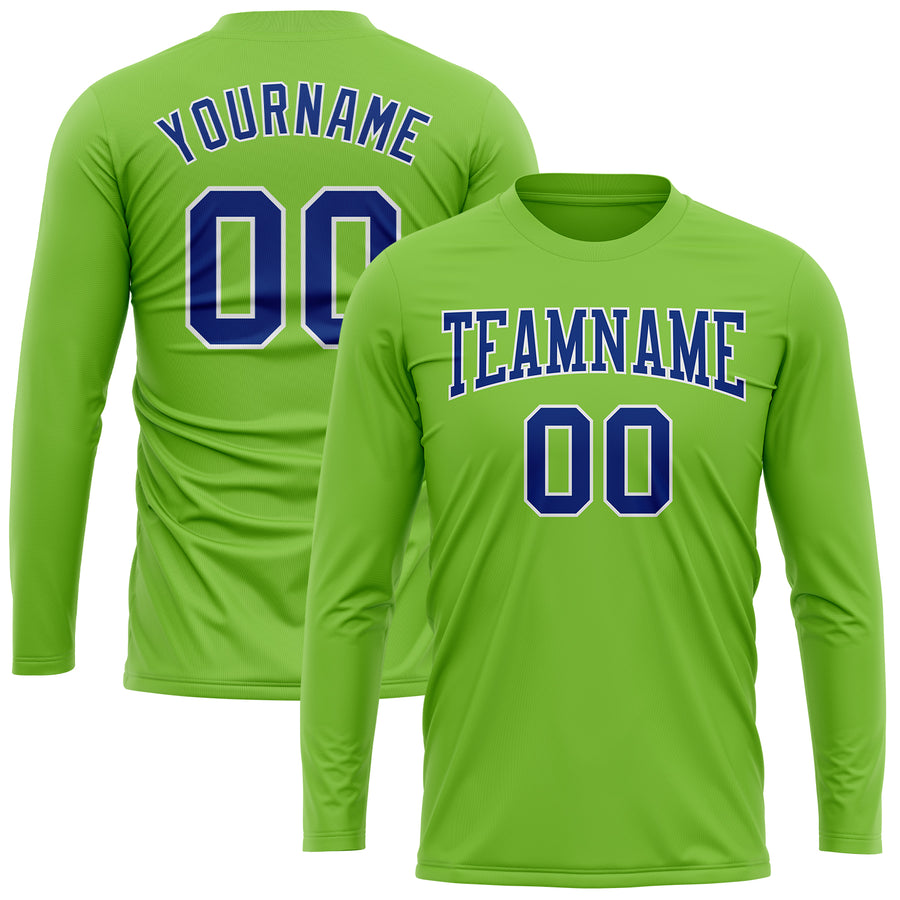 Custom Neon Green Royal-White Long Sleeve Performance T-Shirt