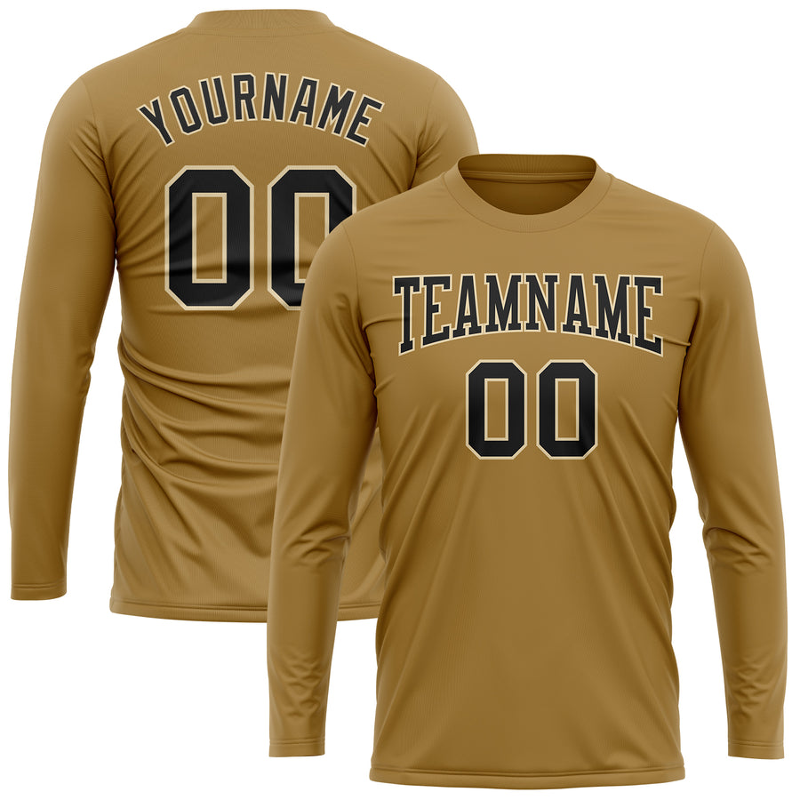 Custom Old Gold Black-Cream Long Sleeve Performance T-Shirt