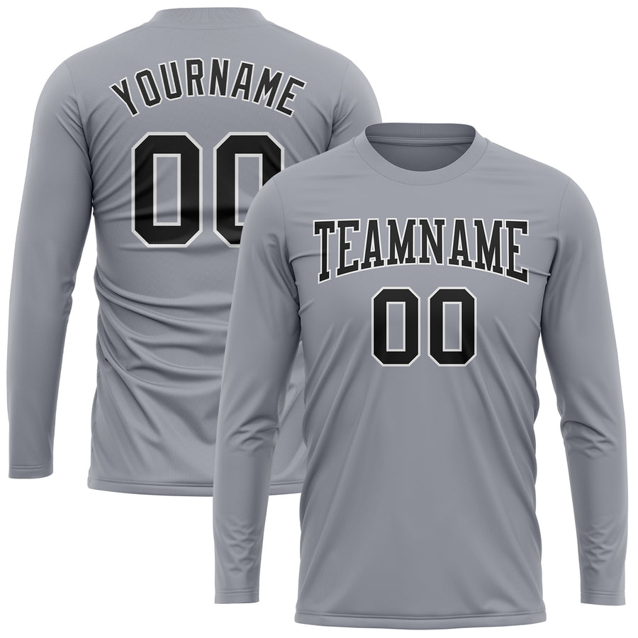 Custom Gray Black-White Long Sleeve Performance T-Shirt