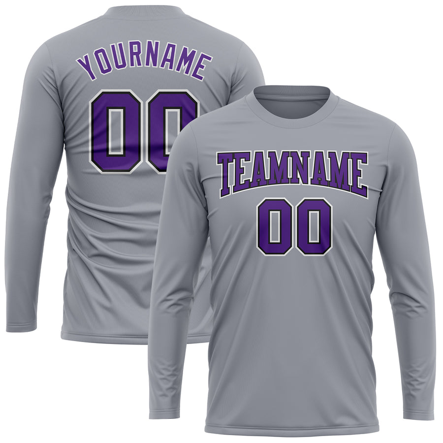 Custom Gray Purple-Black Long Sleeve Performance T-Shirt