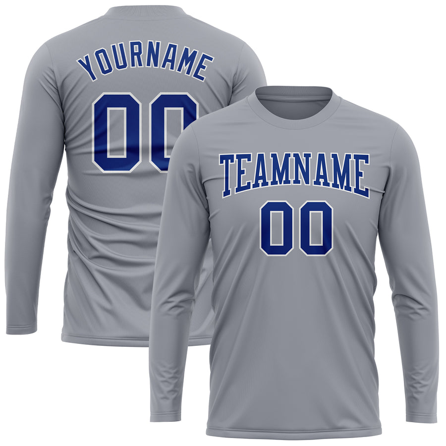 Custom Gray Royal-White Long Sleeve Performance T-Shirt