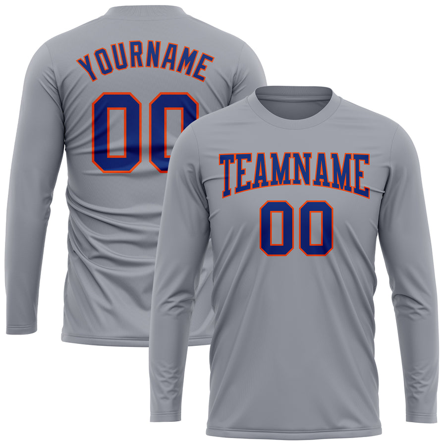 Custom Gray Royal-Orange Long Sleeve Performance T-Shirt