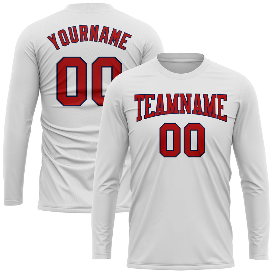 Custom White Red-Navy Long Sleeve Performance T-Shirt