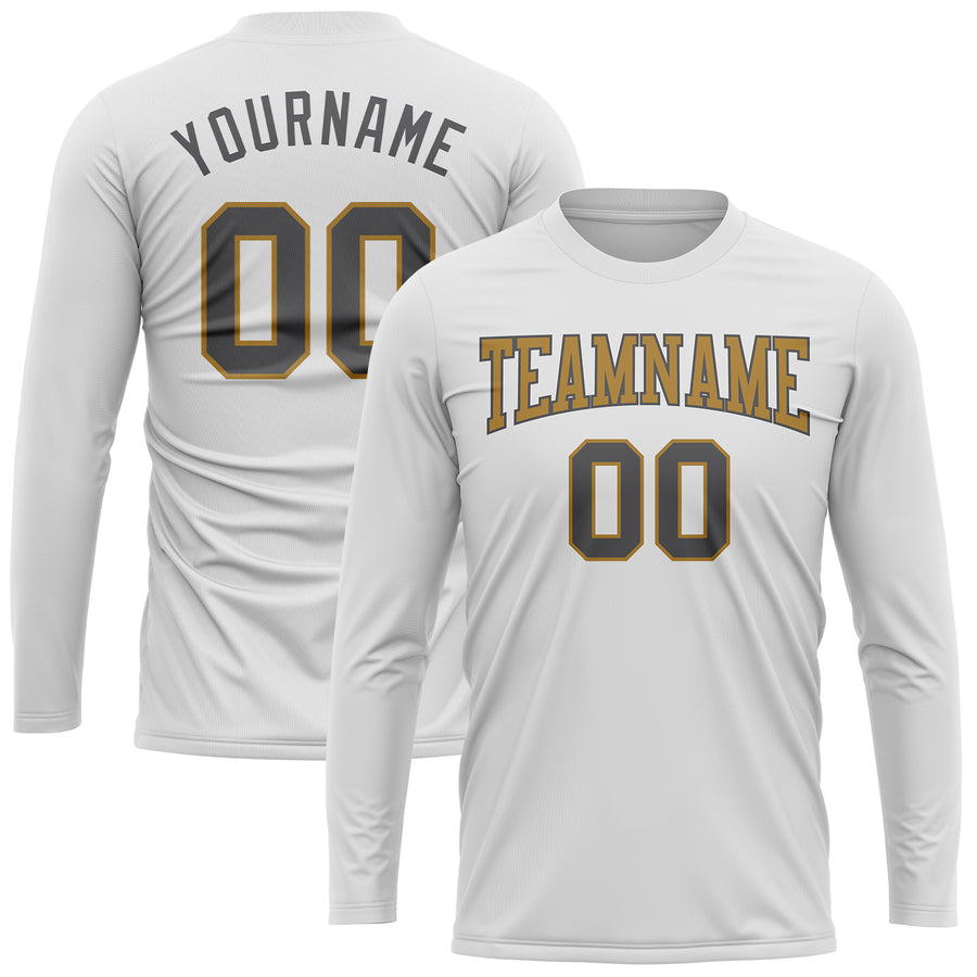 Custom White Steel Gray-Old Gold Long Sleeve Performance T-Shirt