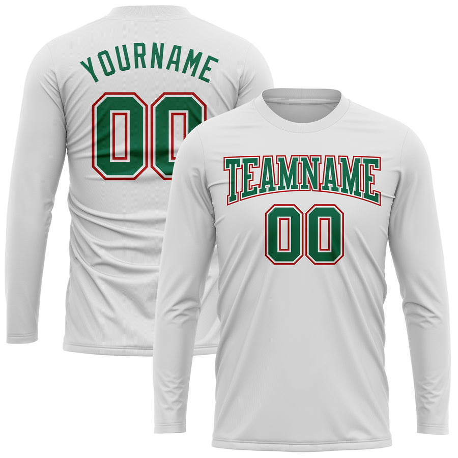 Custom White Kelly Green-Red Long Sleeve Performance T-Shirt