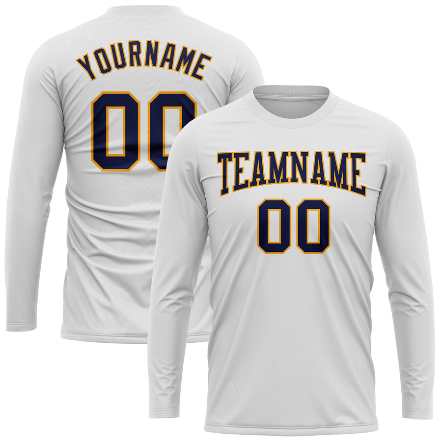 Custom White Navy-Gold Long Sleeve Performance T-Shirt