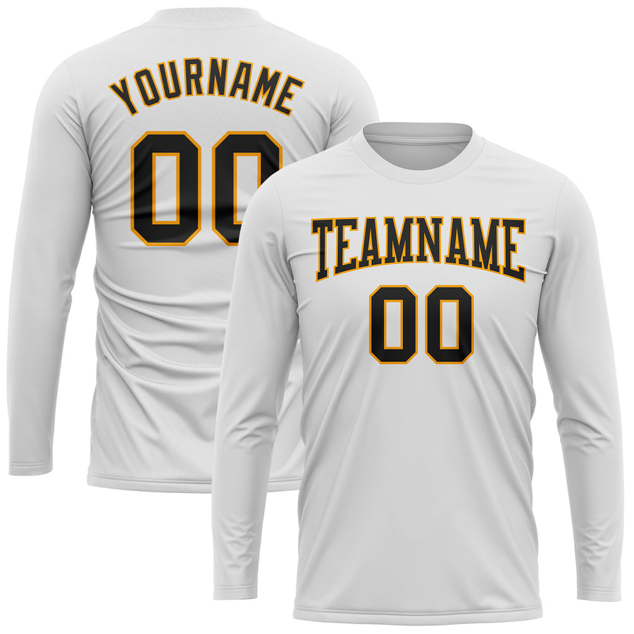 Custom White Black-Gold Long Sleeve Performance T-Shirt