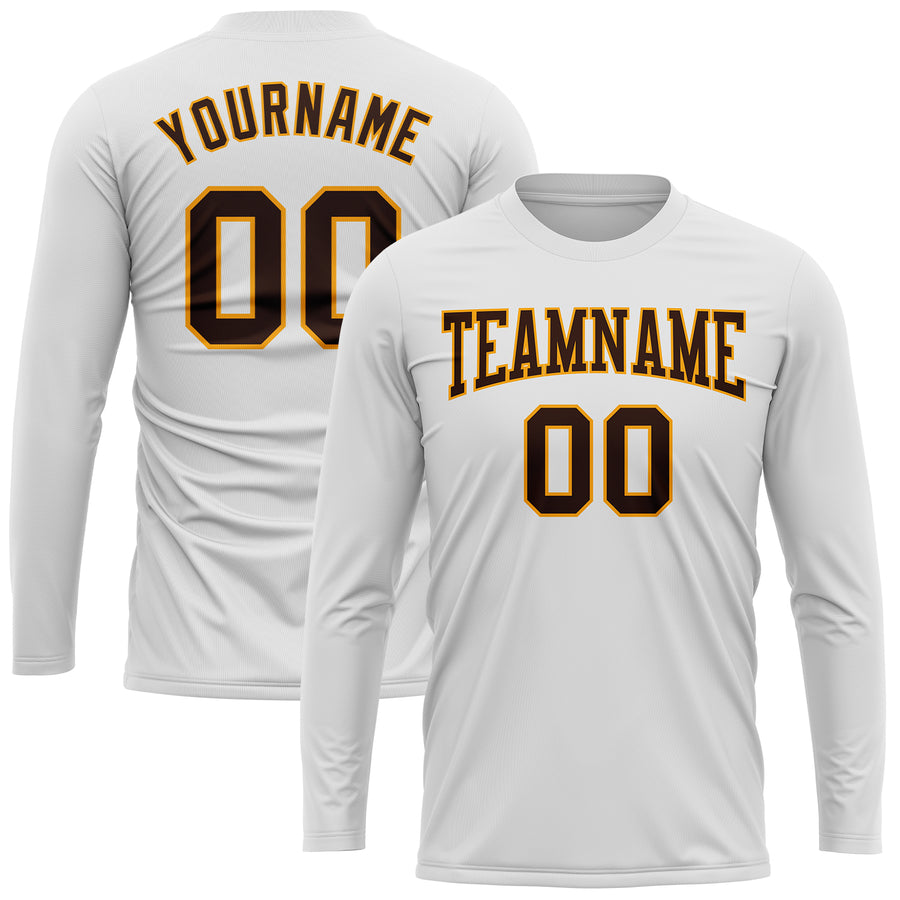 Custom White Brown-Gold Long Sleeve Performance T-Shirt