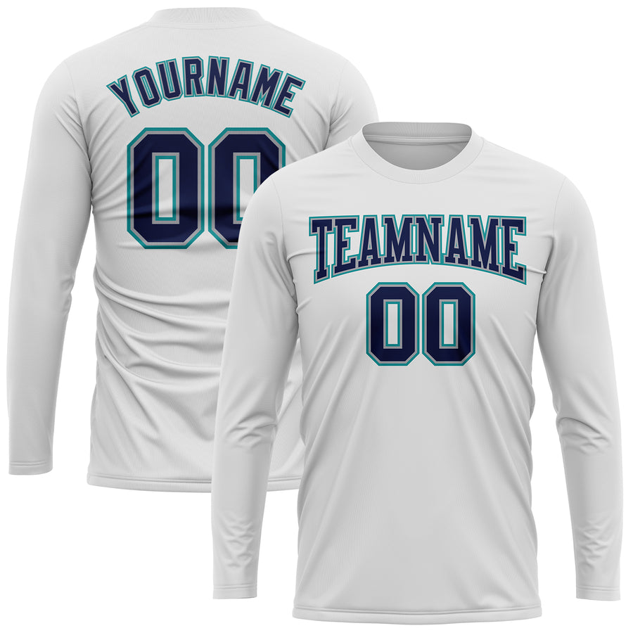 Custom White Navy Gray-Aqua Long Sleeve Performance T-Shirt