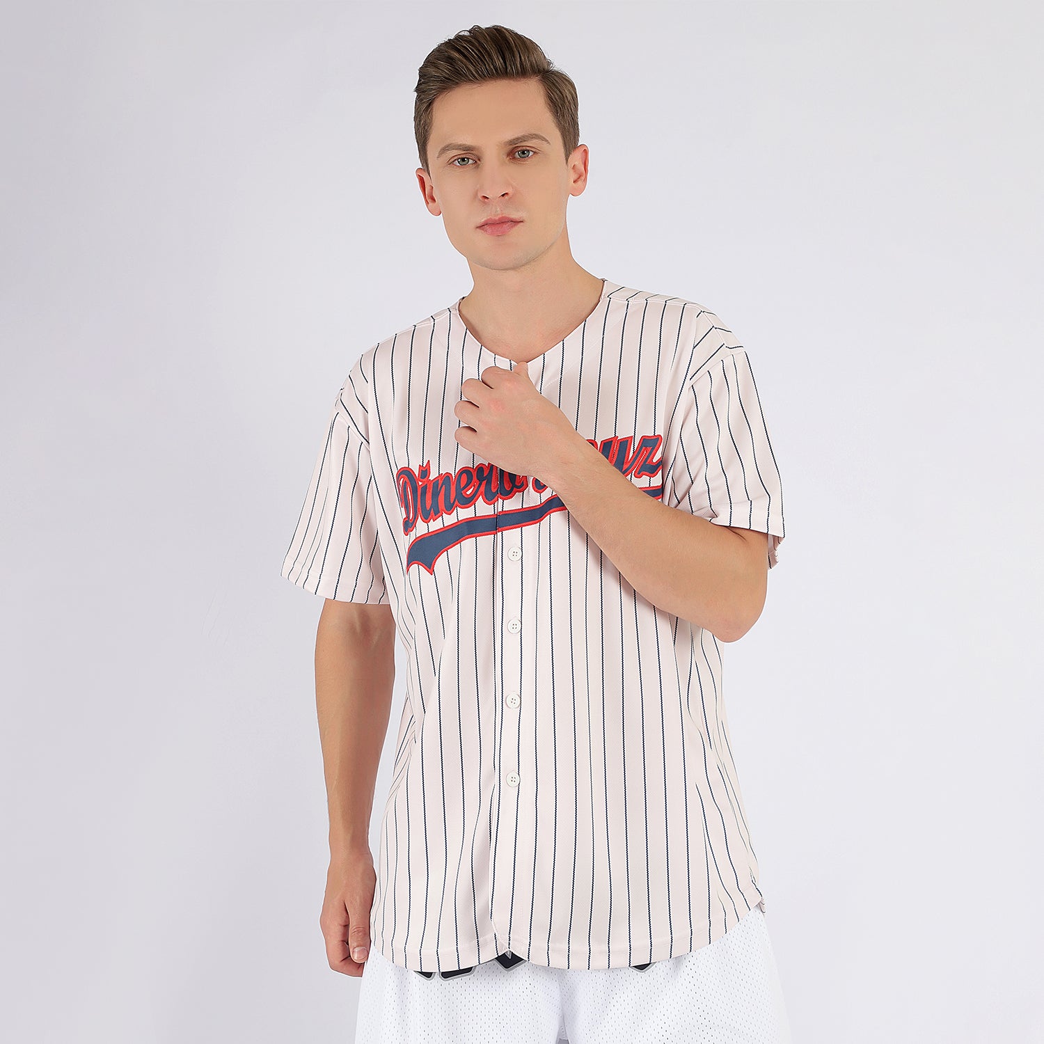 Custom Baseball Jersey Cream Navy Pinstripe Navy-Red Authentic Youth Size:M