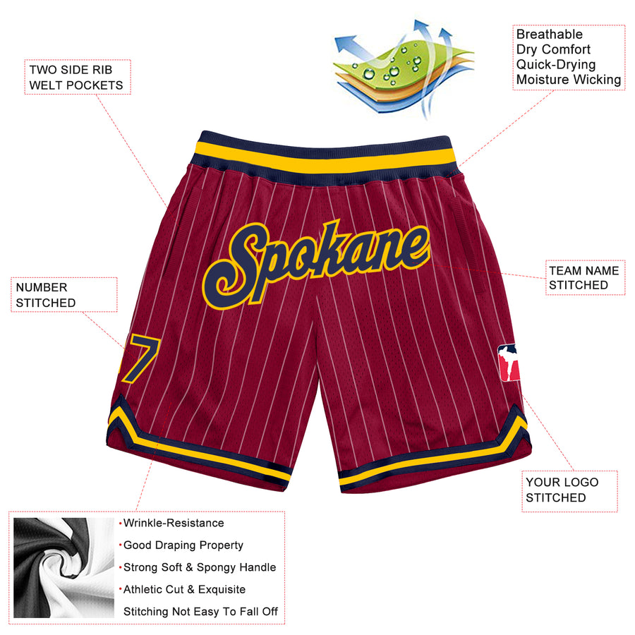 Custom Maroon White Pinstripe Navy-Gold Authentic Basketball Shorts