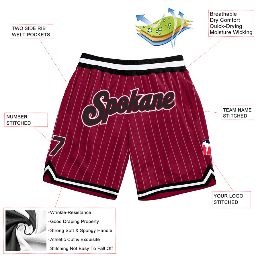 Custom Maroon White Pinstripe Black-White Authentic Basketball Shorts