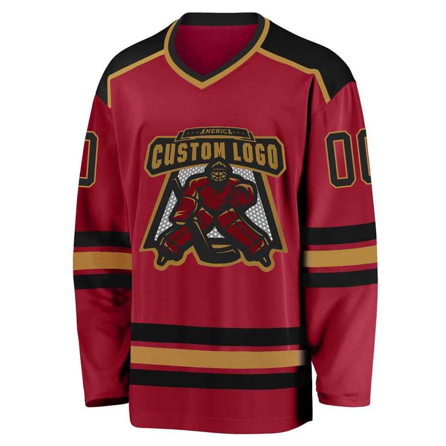 Custom Maroon Black-Old Gold Hockey Jersey