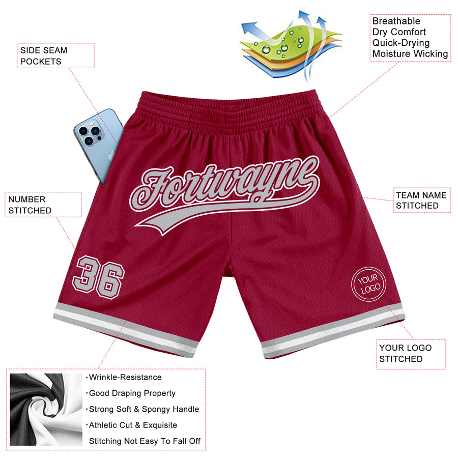 Custom Maroon Gray-White Authentic Throwback Basketball Shorts