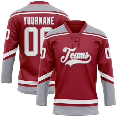 Custom Maroon White-Gray Hockey Lace Neck Jersey