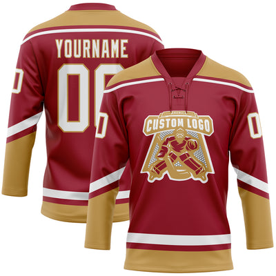 Custom Maroon White-Old Gold Hockey Lace Neck Jersey