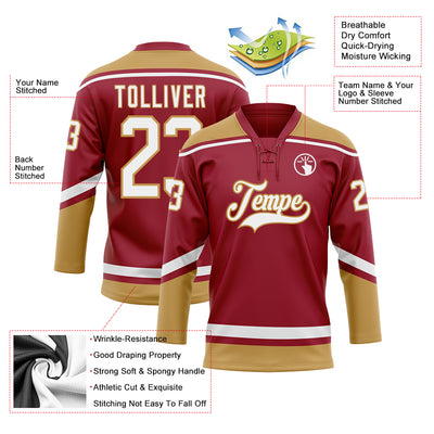 Custom Maroon White-Old Gold Hockey Lace Neck Jersey