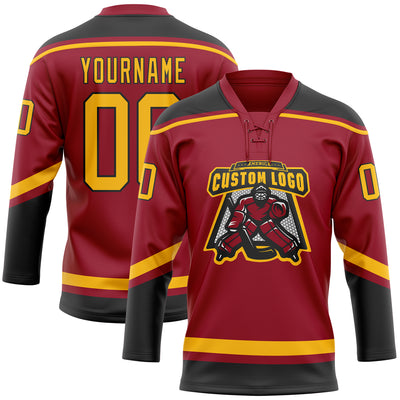 Custom Maroon Gold-Black Hockey Lace Neck Jersey