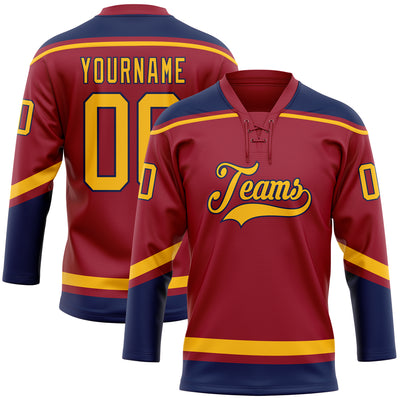 Custom Maroon Gold-Navy Hockey Lace Neck Jersey