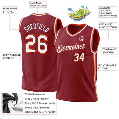 Custom Maroon White-Orange Authentic Throwback Basketball Jersey