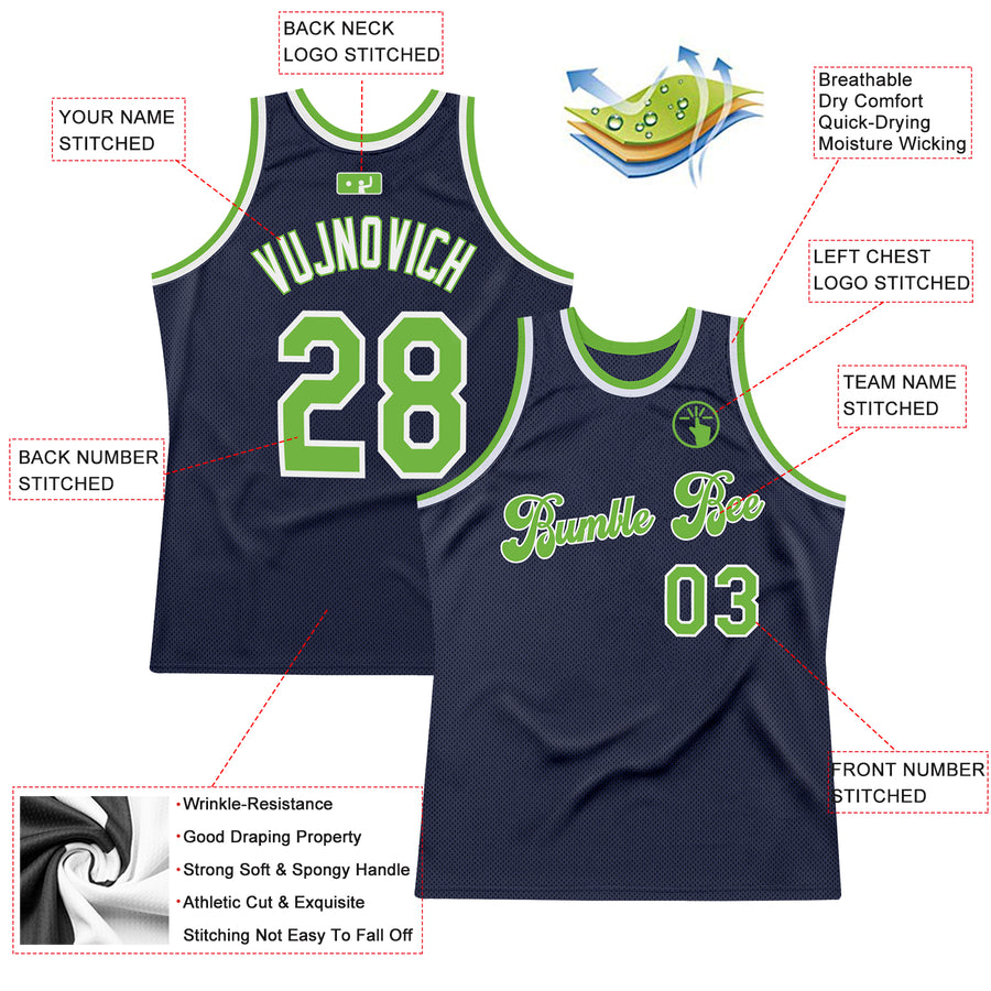 Custom Navy Neon Green-White Authentic Throwback Basketball Jersey