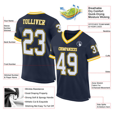 Custom Navy White-Gold Mesh Authentic Throwback Football Jersey