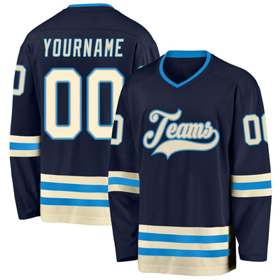 Custom Navy Cream-Blue Hockey Jersey