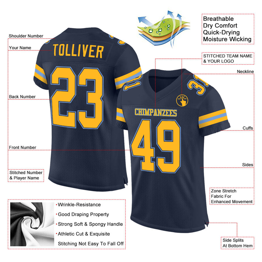 Custom Navy Gold-Light Blue Mesh Authentic Football Jersey