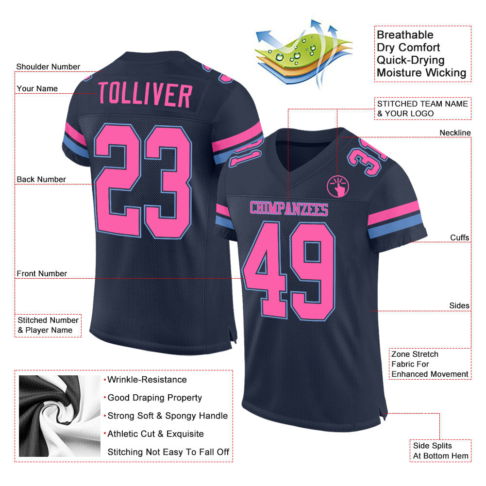 Custom Pink White-Light Blue Mesh Authentic Football Jersey