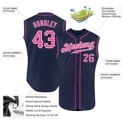 Custom Navy Pink-White Authentic Sleeveless Baseball Jersey