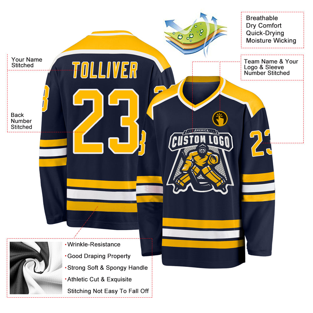 Custom Navy Gold-White Hockey Jersey