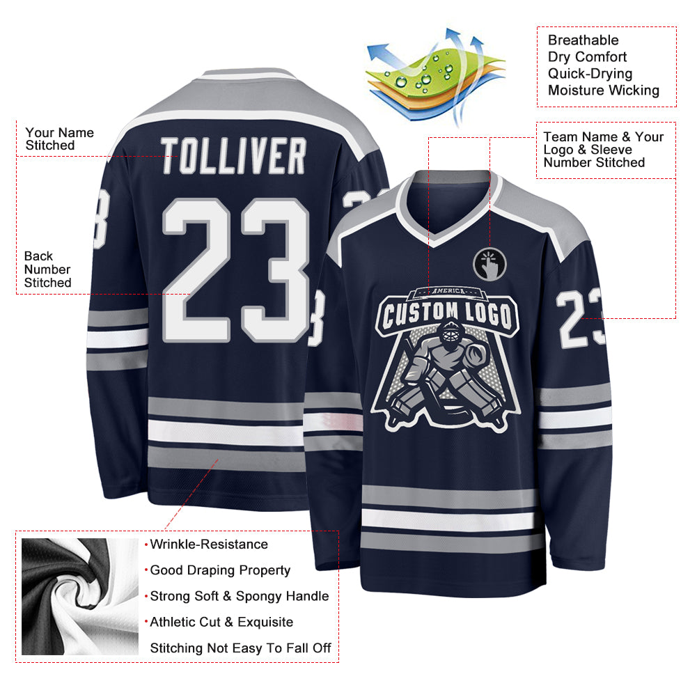 Custom Navy White-Gray Hockey Jersey