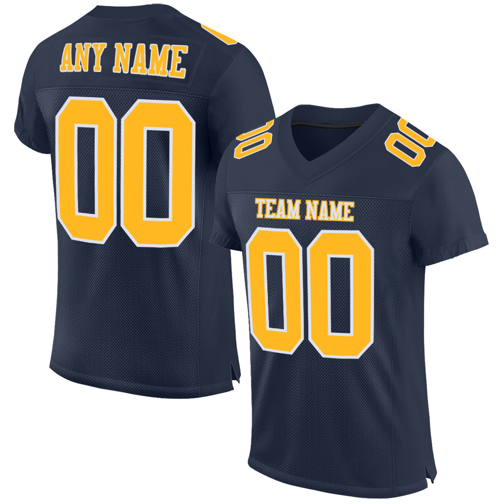 Custom Navy Football Jersey Gold-White Mesh Authentic - FansIdea