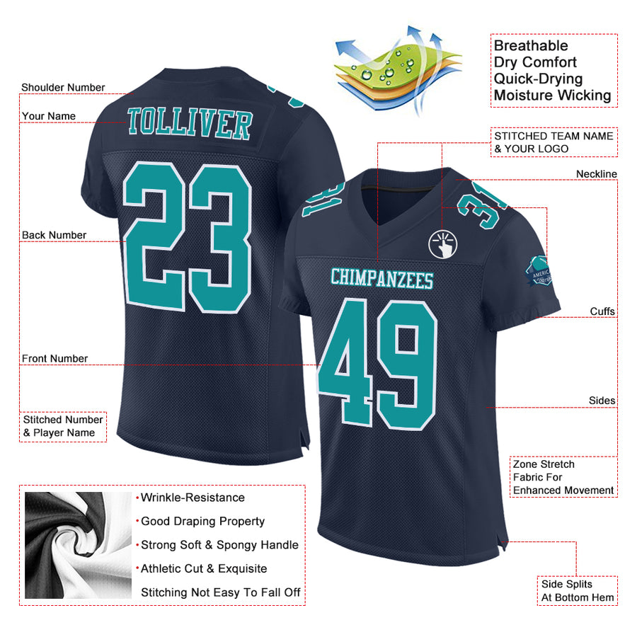 Custom Navy Aqua-White Mesh Authentic Football Jersey