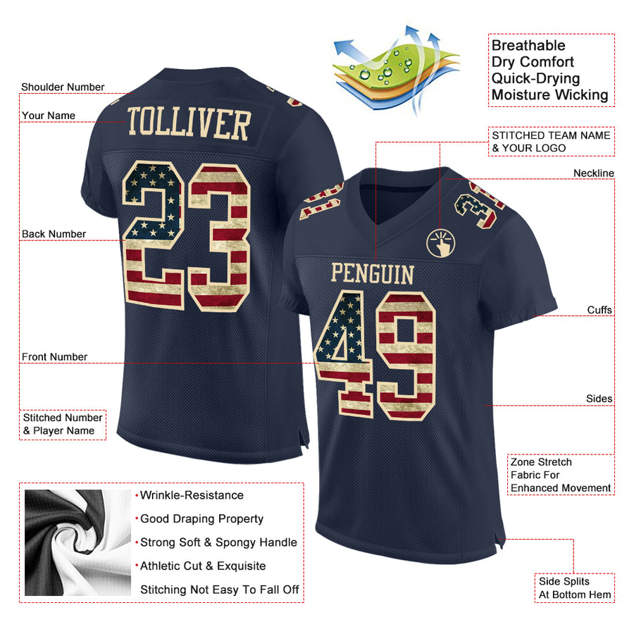 Custom Navy Vintage USA Flag-Cream Mesh Authentic Football Jersey