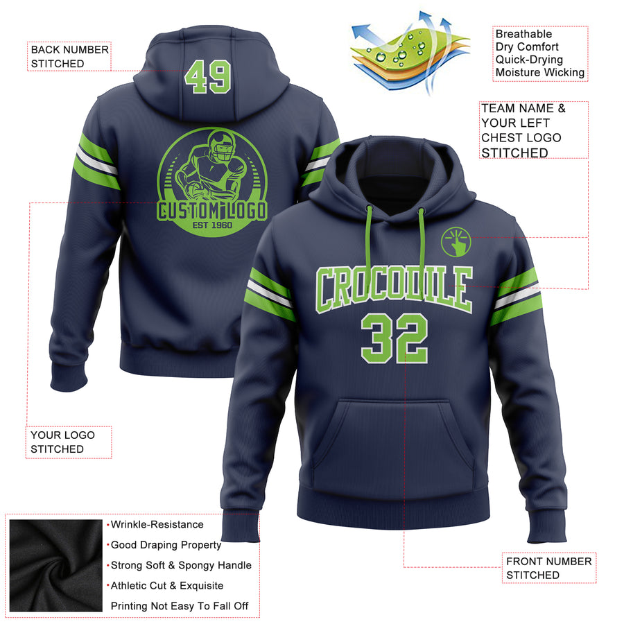 Custom Stitched Navy Neon Green-White Football Pullover Sweatshirt Hoodie