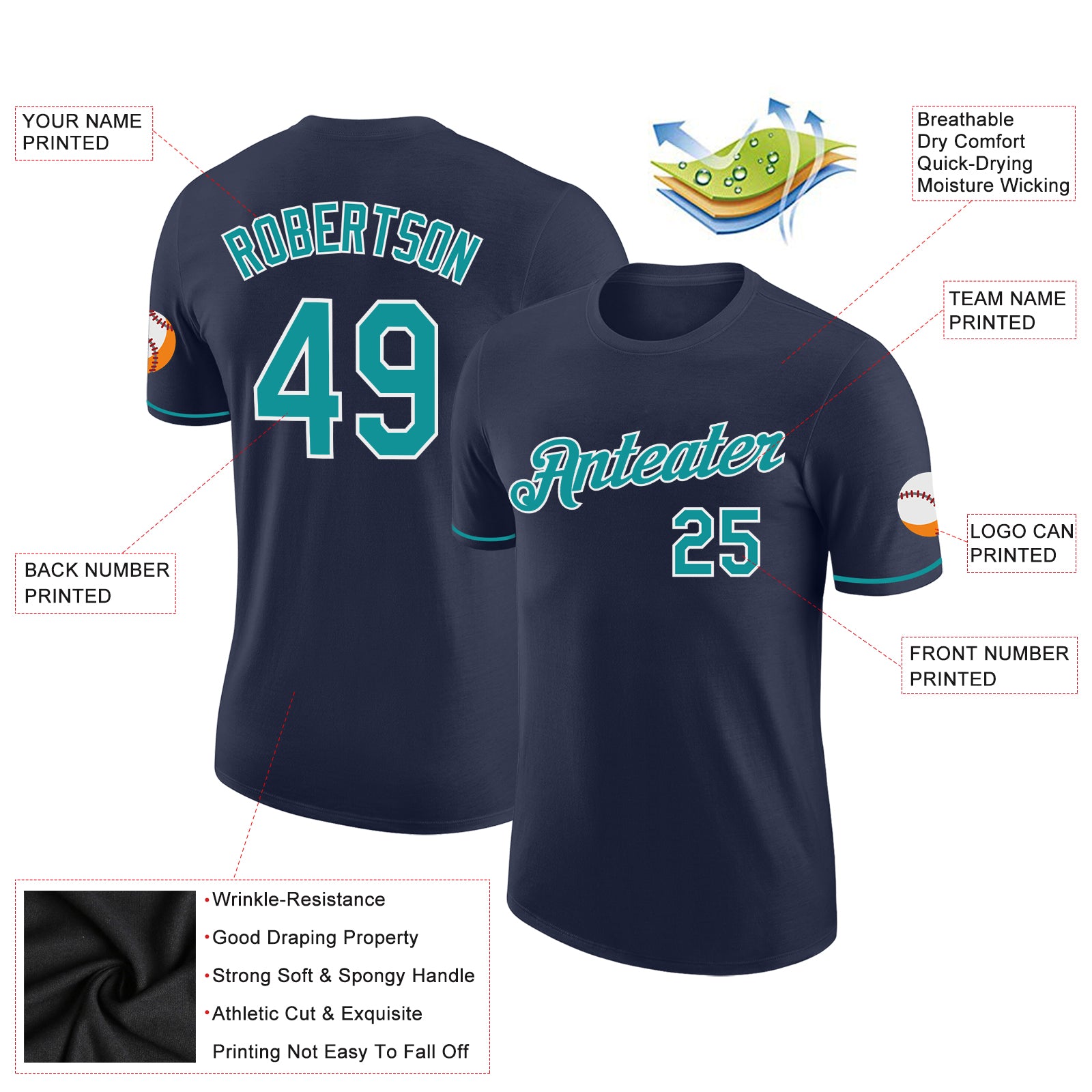 Custom Navy Teal-White Performance T-Shirt