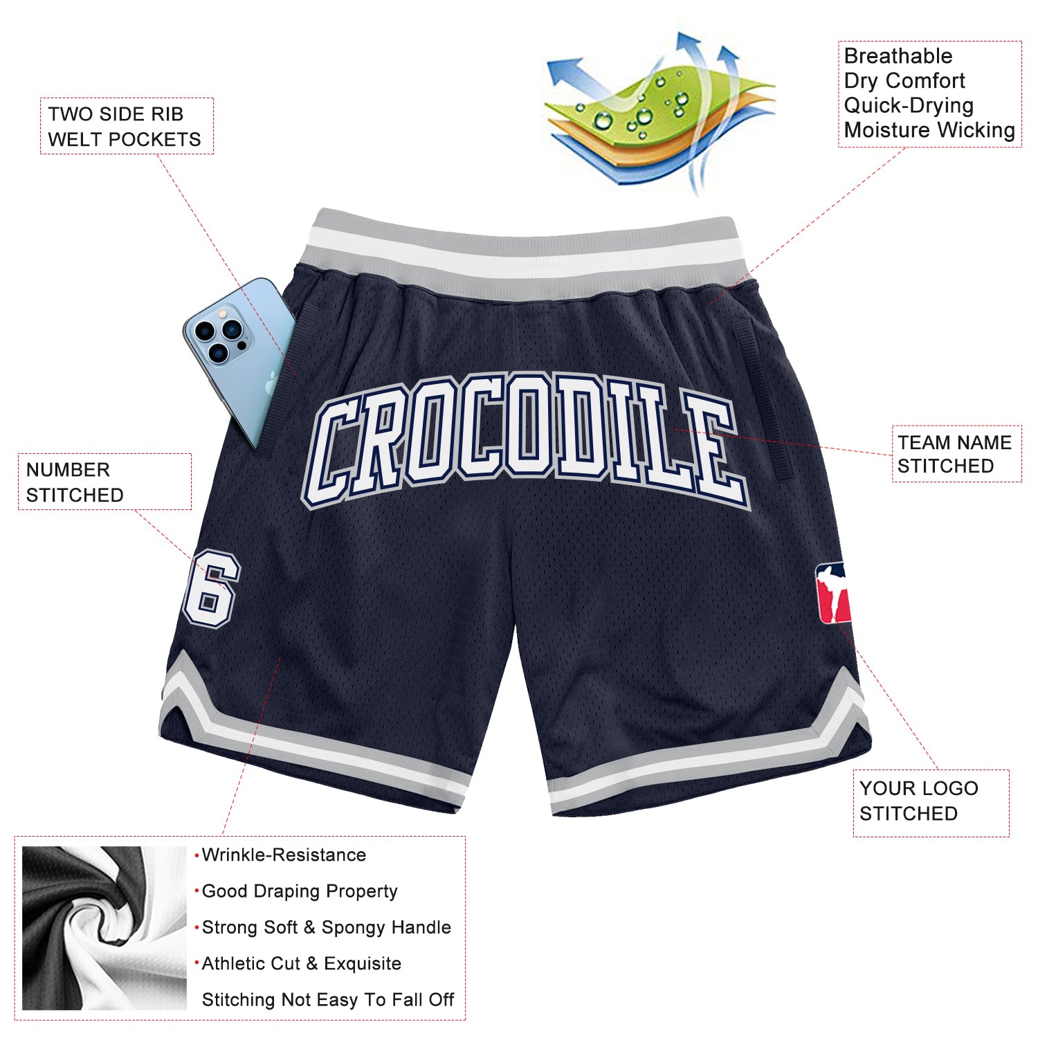 Custom Navy White-Gray Authentic Throwback Basketball Shorts