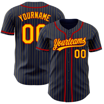 Custom Navy Yellow Pinstripe Red Authentic Baseball Jersey