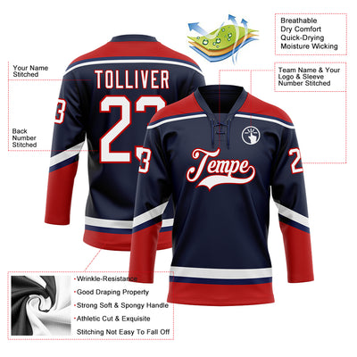 Custom Navy White-Red Hockey Lace Neck Jersey